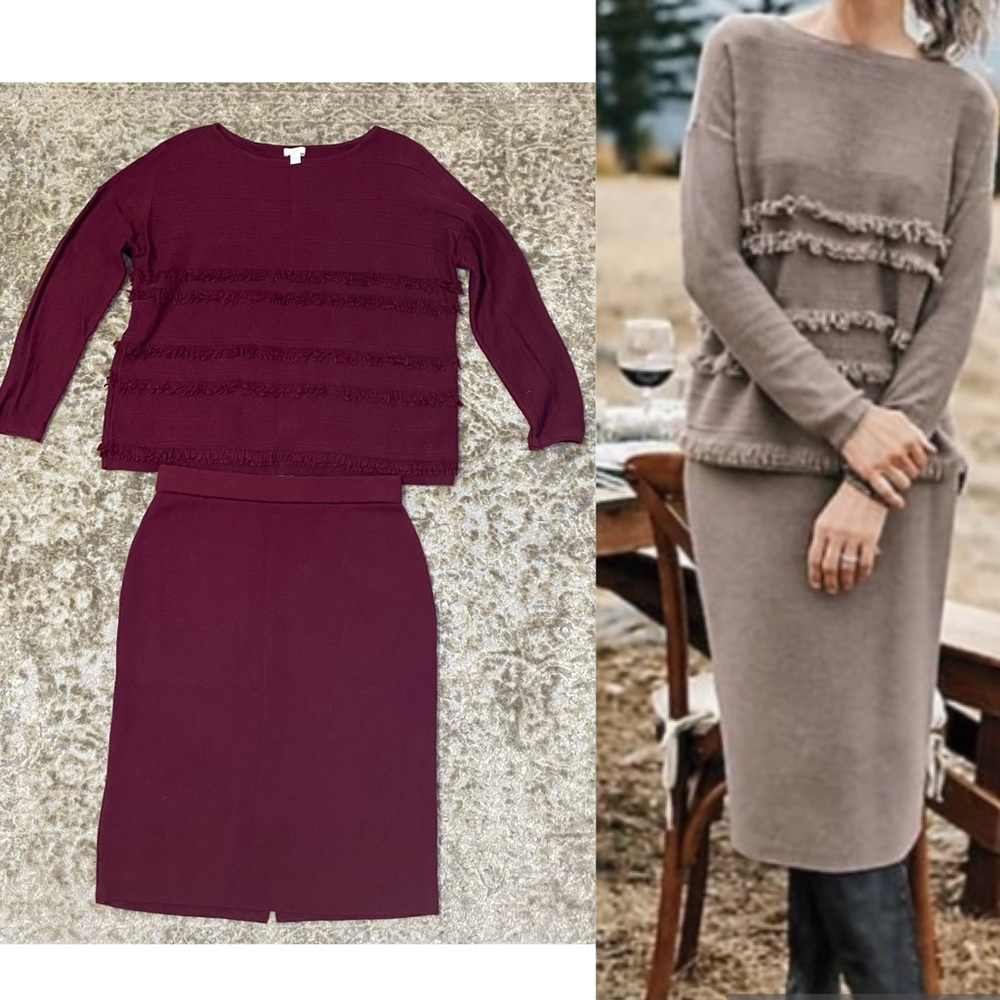 J. Jill Faye Sweater Knit Fringe Top & Bordeaux Skirt Set Size XS
